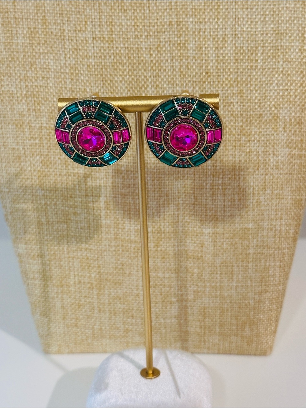Fashion Jewelry Gold-Tone Pink and Green Round Crystal Stud Earrings